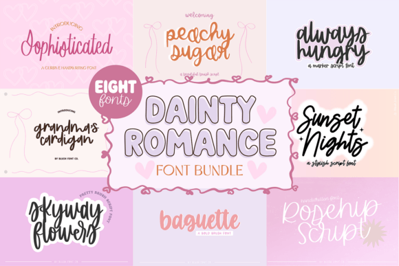 Dainty Romance Script Bundle: Eight Enchanting Fonts for Your Creative Projects